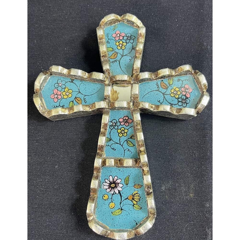 Peru Mohena Wood Cross w Mirror Reverse Painted Glass Artisan 5” X 6.5” Floral - Picture 2 of 8